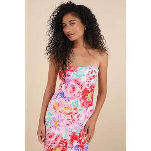 Lulus Jianna Ivory Multi Floral Satin Strapless Cowl Back Maxi Dress White